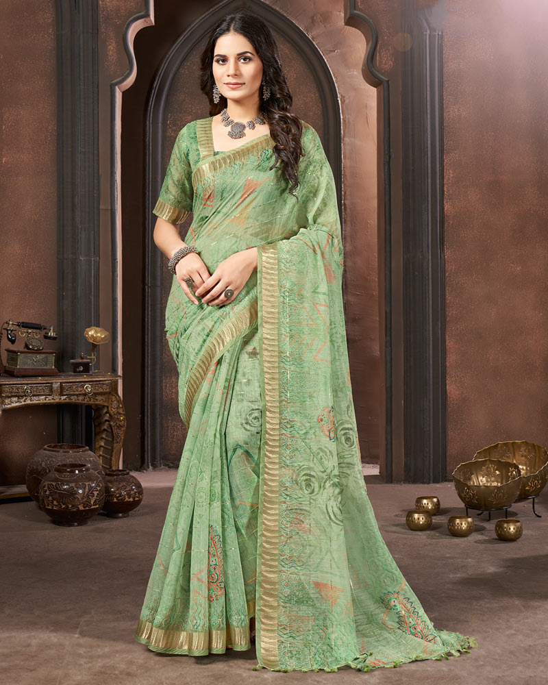 Pastel Green Printed Poly Cotton Designer Saree With Sequence Weaving Border