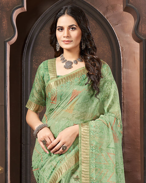 Pastel Green Printed Poly Cotton Designer Saree With Sequence Weaving Border