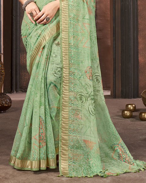 Pastel Green Printed Poly Cotton Designer Saree With Sequence Weaving Border