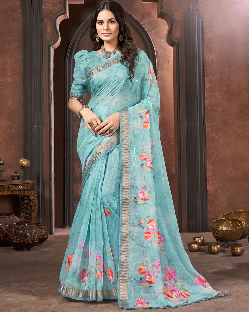 Aqua Blue Printed Poly Cotton Designer Saree With Sequence Weaving Border