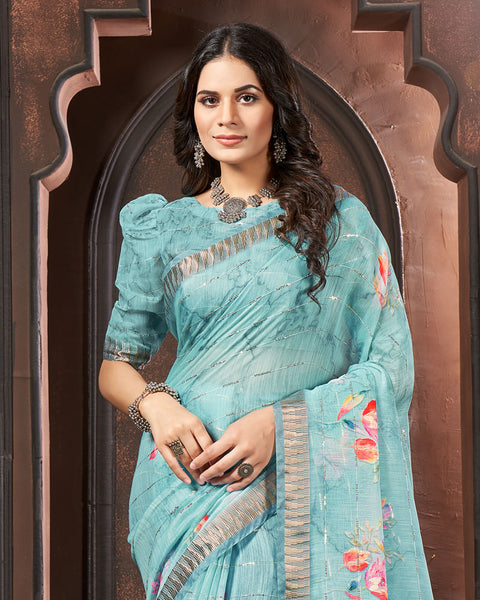 Aqua Blue Printed Poly Cotton Designer Saree With Sequence Weaving Border