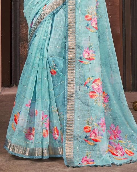 Aqua Blue Printed Poly Cotton Designer Saree With Sequence Weaving Border