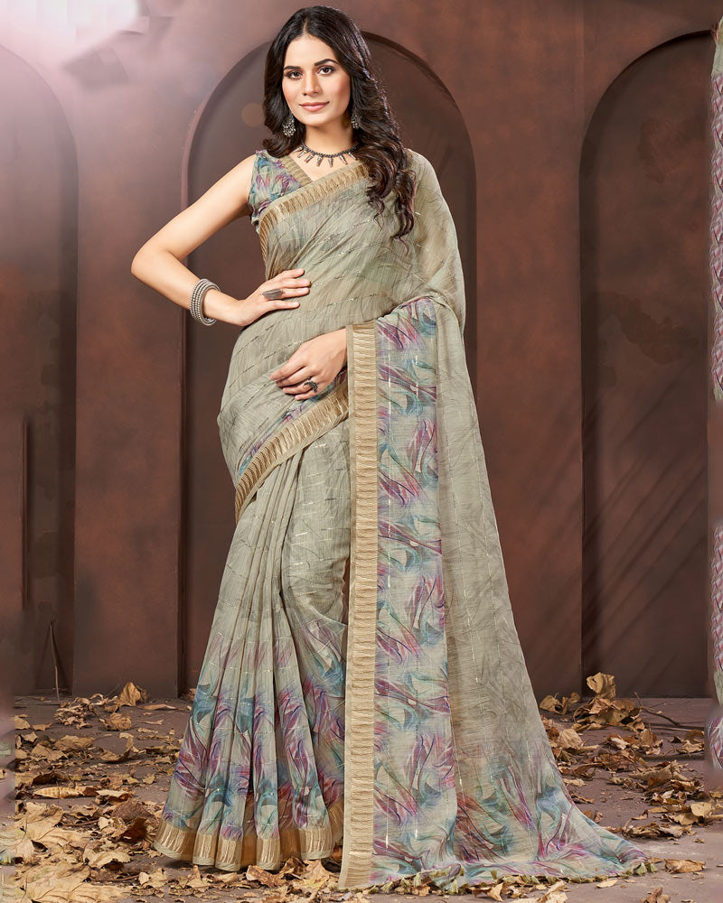 Sand Grey Printed Poly Cotton Designer Saree With Sequence Weaving Border