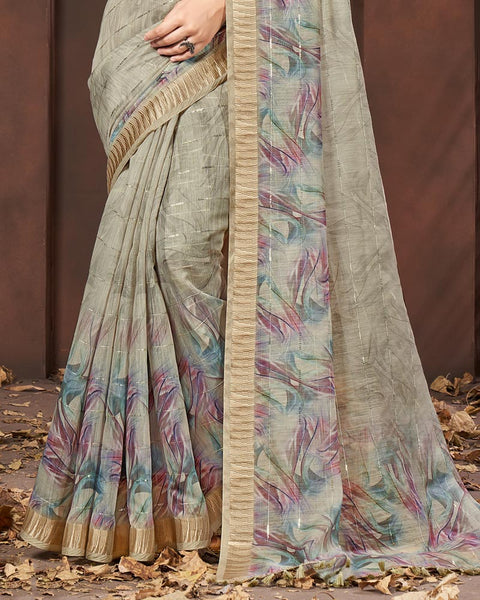 Sand Grey Printed Poly Cotton Designer Saree With Sequence Weaving Border