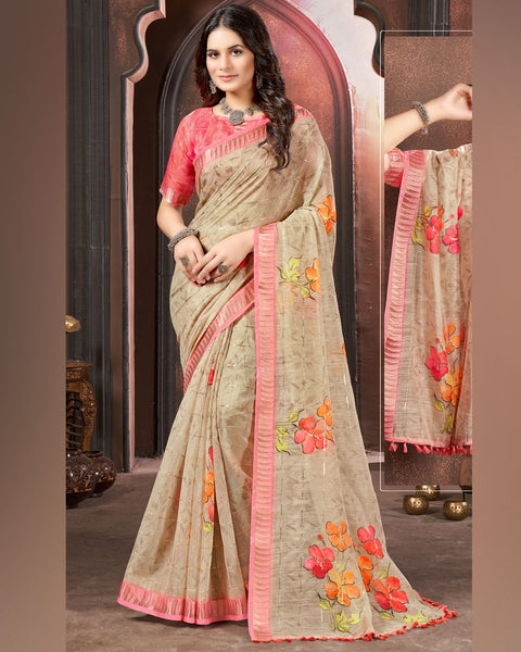 Beige Printed Poly Cotton Designer Saree With Sequence Weaving Border