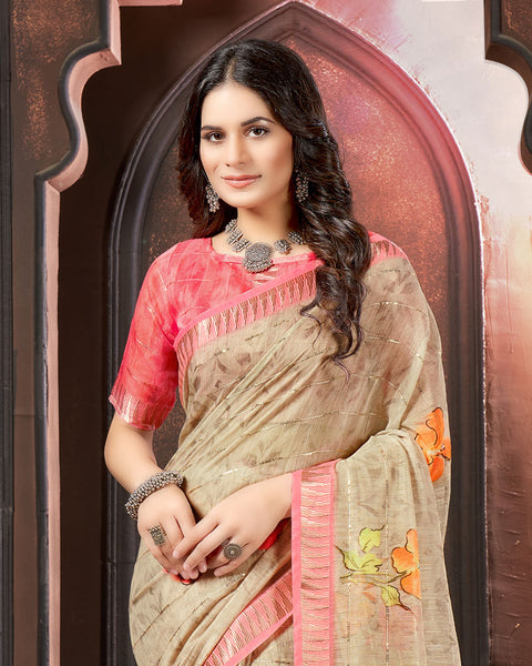Beige Printed Poly Cotton Designer Saree With Sequence Weaving Border