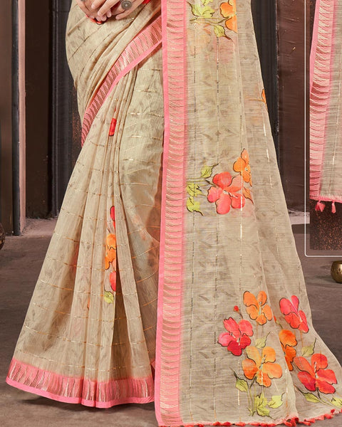 Beige Printed Poly Cotton Designer Saree With Sequence Weaving Border