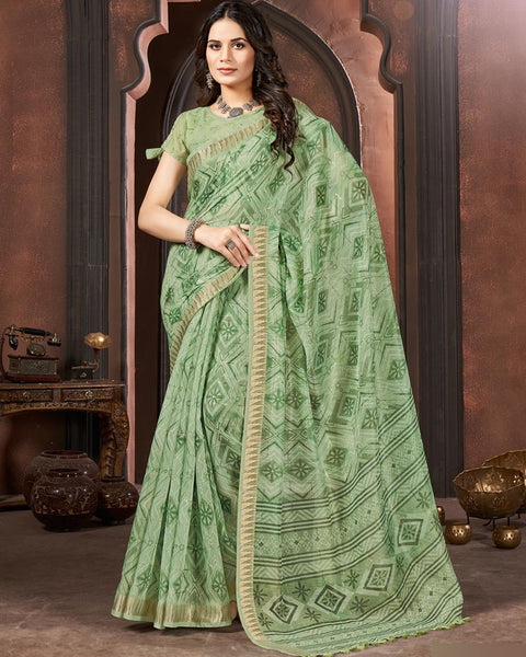 Pastel Turquoise Green Printed Poly Cotton Designer Saree With Sequence Weaving Border