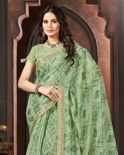 Pastel Turquoise Green Printed Poly Cotton Designer Saree With Sequence Weaving Border