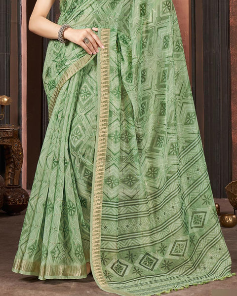 Pastel Turquoise Green Printed Poly Cotton Designer Saree With Sequence Weaving Border