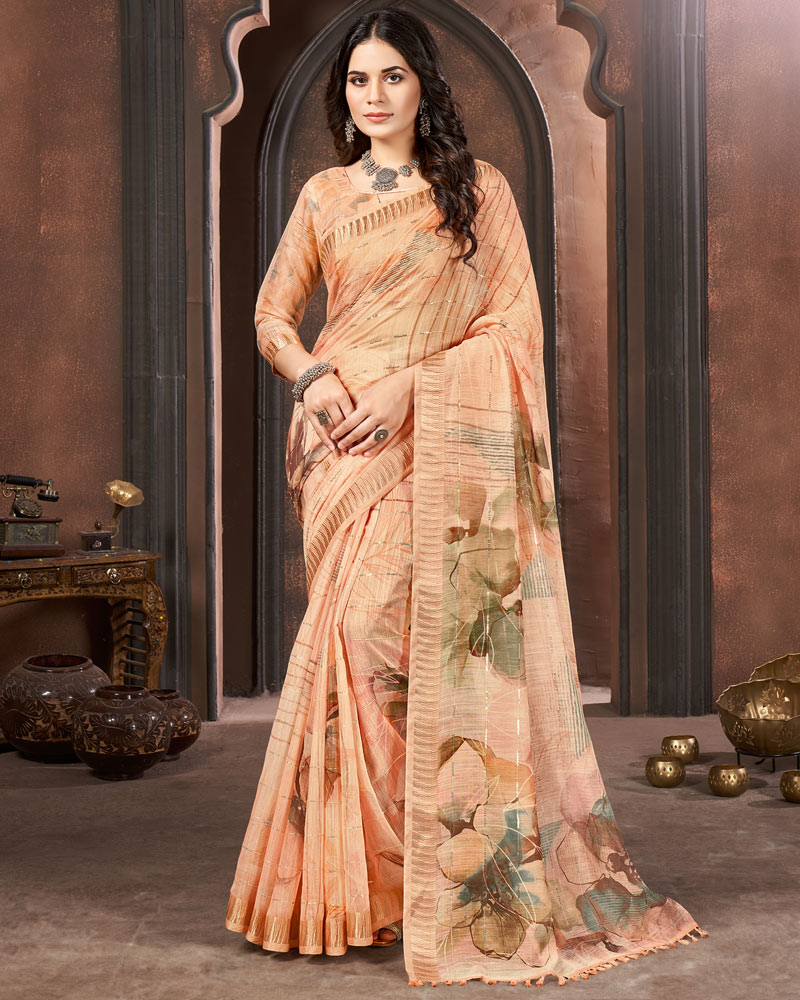 Maize Orange Printed Poly Cotton Designer Saree With Sequence Weaving Border