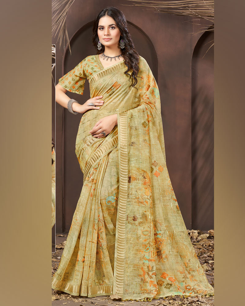 Pavlova Green Printed Poly Cotton Designer Saree With Sequence Weaving Border