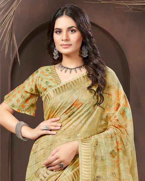 Pavlova Green Printed Poly Cotton Designer Saree With Sequence Weaving Border