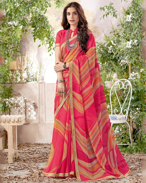 Amaranth Pink Printed Georgette Saree With Fancy Border