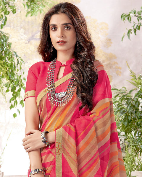 Amaranth Pink Printed Georgette Saree With Fancy Border