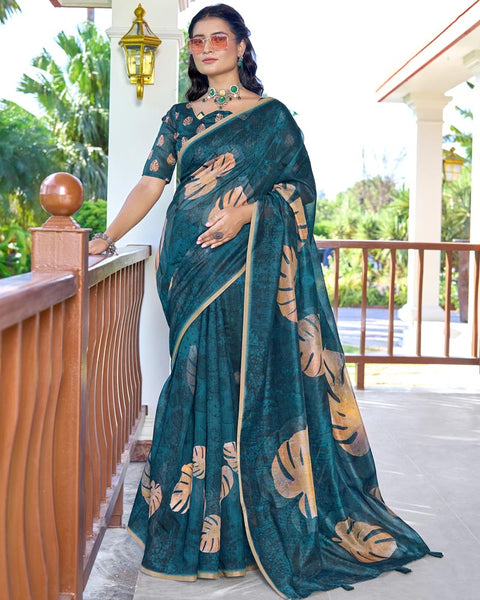 Dark Teal Blue Digital Printed Chanderi Cotton Saree With Weaving Border