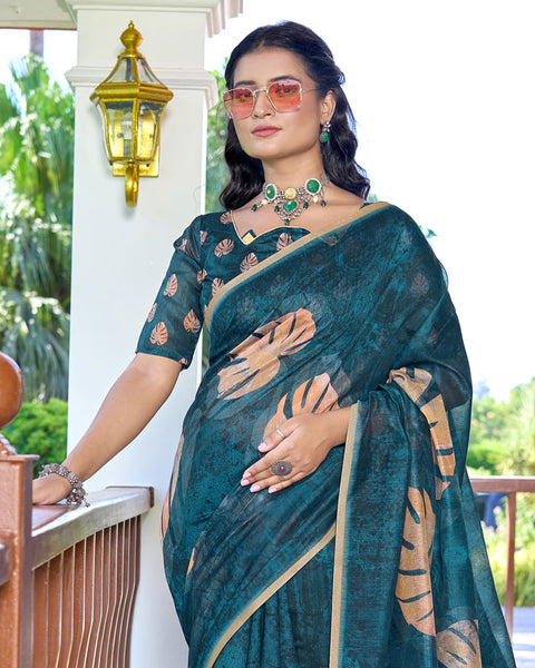 Dark Teal Blue Digital Printed Chanderi Cotton Saree With Weaving Border