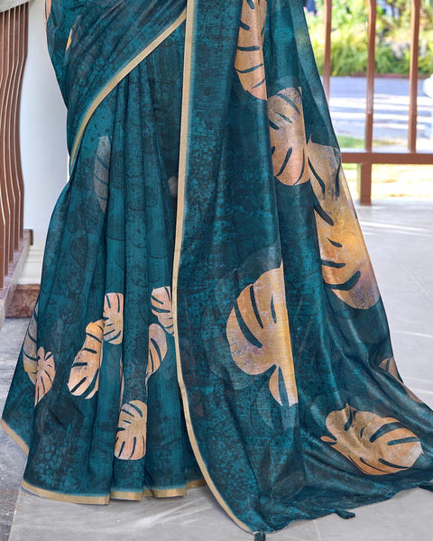 Dark Teal Blue Digital Printed Chanderi Cotton Saree With Weaving Border