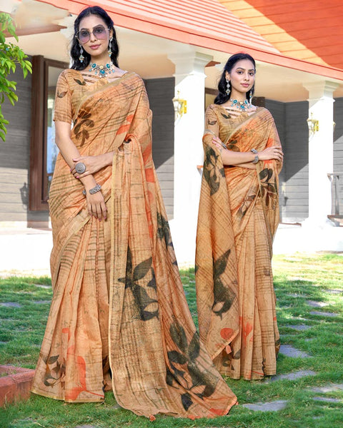 Pastel Orange Digital Printed Chanderi Cotton Saree With Weaving Border