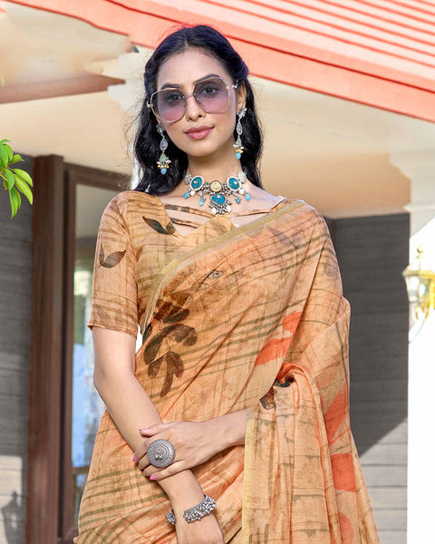 Pastel Orange Digital Printed Chanderi Cotton Saree With Weaving Border