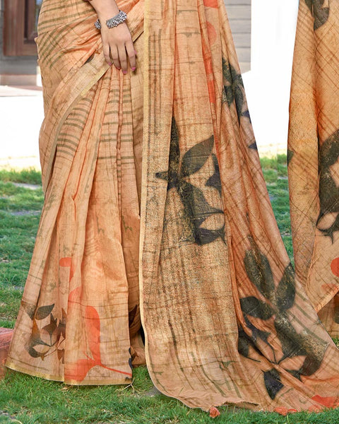 Pastel Orange Digital Printed Chanderi Cotton Saree With Weaving Border