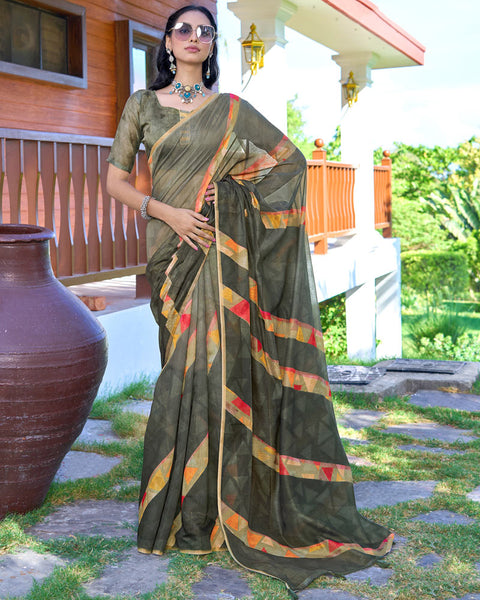 Strom Dust Green Digital Printed Chanderi Cotton Saree With Weaving Border
