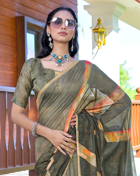 Strom Dust Green Digital Printed Chanderi Cotton Saree With Weaving Border
