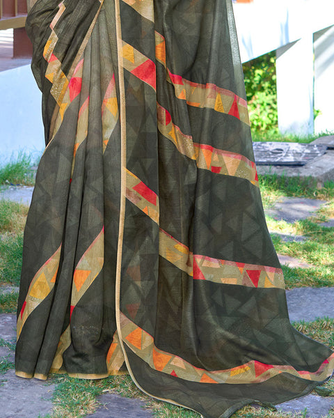 Strom Dust Green Digital Printed Chanderi Cotton Saree With Weaving Border