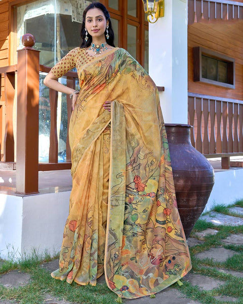 Porsche Yellow Digital Printed Chanderi Cotton Saree With Weaving Border