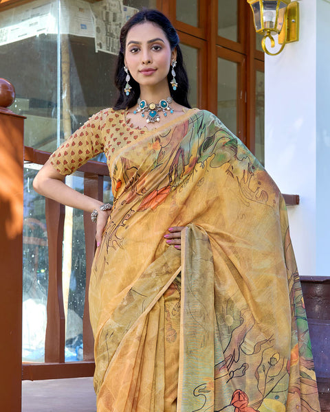 Porsche Yellow Digital Printed Chanderi Cotton Saree With Weaving Border