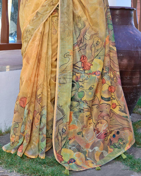 Porsche Yellow Digital Printed Chanderi Cotton Saree With Weaving Border