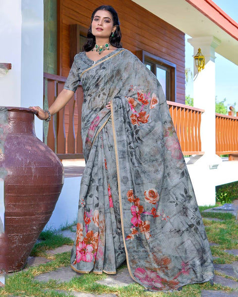 Grey Chateau Digital Printed Chanderi Cotton Saree With Weaving Border