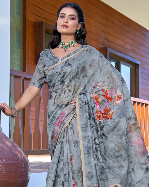 Grey Chateau Digital Printed Chanderi Cotton Saree With Weaving Border