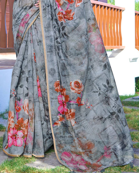 Grey Chateau Digital Printed Chanderi Cotton Saree With Weaving Border