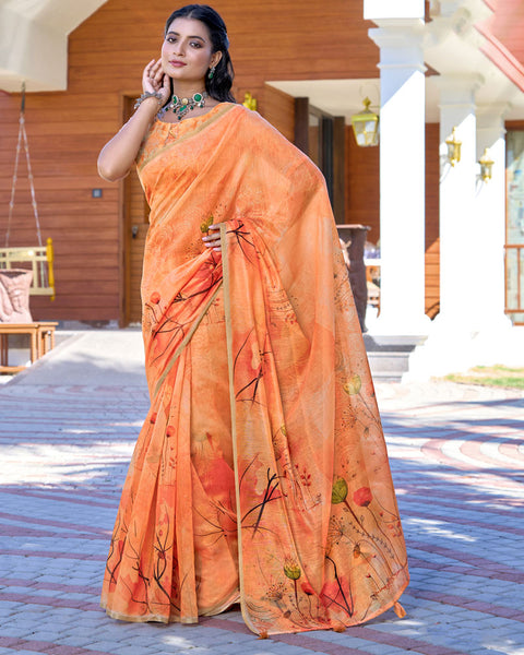 Pastel Orange Digital Printed Chanderi Cotton Saree With Weaving Border