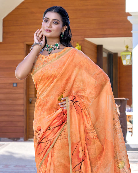 Pastel Orange Digital Printed Chanderi Cotton Saree With Weaving Border