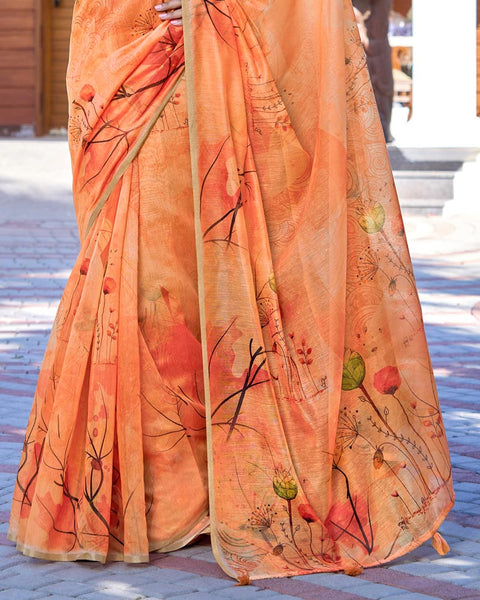 Pastel Orange Digital Printed Chanderi Cotton Saree With Weaving Border
