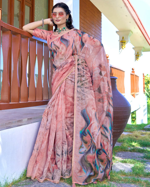 Daisy Pink Digital Printed Chanderi Cotton Saree With Weaving Border
