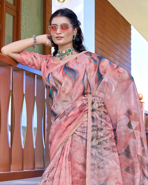 Daisy Pink Digital Printed Chanderi Cotton Saree With Weaving Border