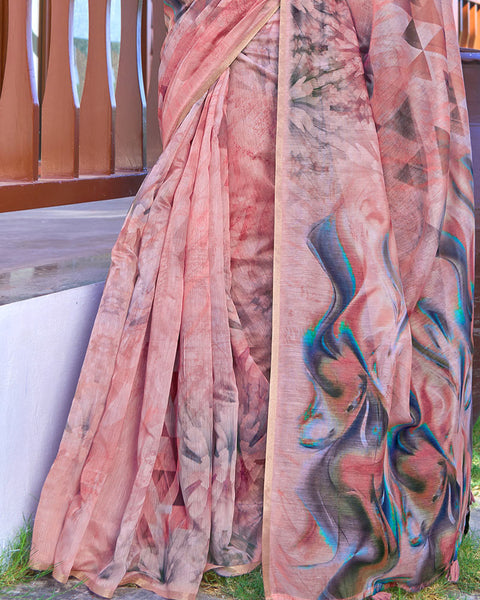 Daisy Pink Digital Printed Chanderi Cotton Saree With Weaving Border