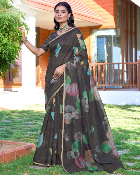 Dark Grey Digital Printed Chanderi Cotton Saree With Weaving Border