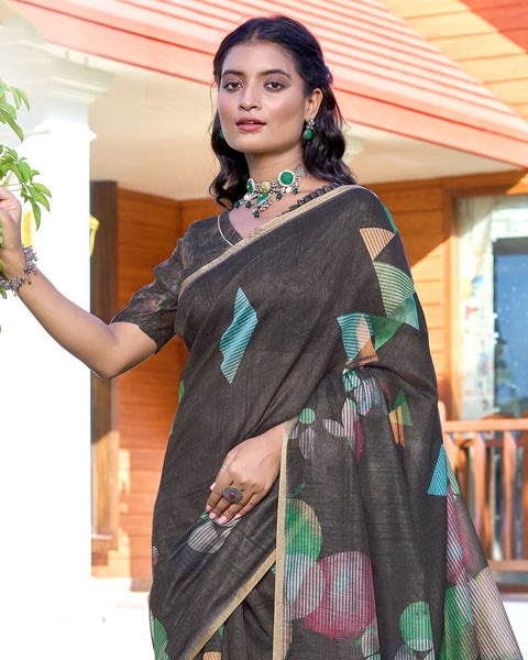 Dark Grey Digital Printed Chanderi Cotton Saree With Weaving Border