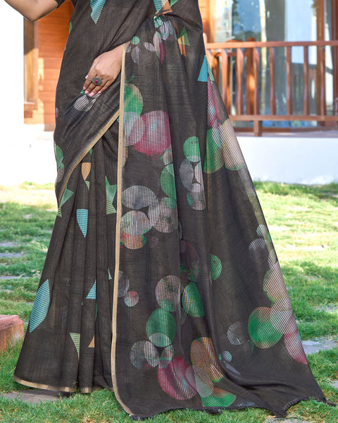 Dark Grey Digital Printed Chanderi Cotton Saree With Weaving Border