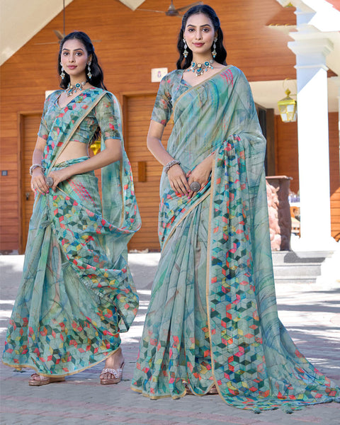 Cascade Blue Digital Printed Chanderi Cotton Saree With Weaving Border