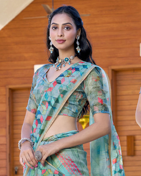 Cascade Blue Digital Printed Chanderi Cotton Saree With Weaving Border