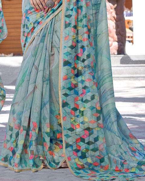 Cascade Blue Digital Printed Chanderi Cotton Saree With Weaving Border