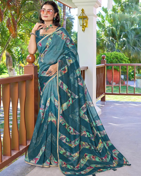 Horizon Blue Digital Printed Chanderi Cotton Saree With Weaving Border