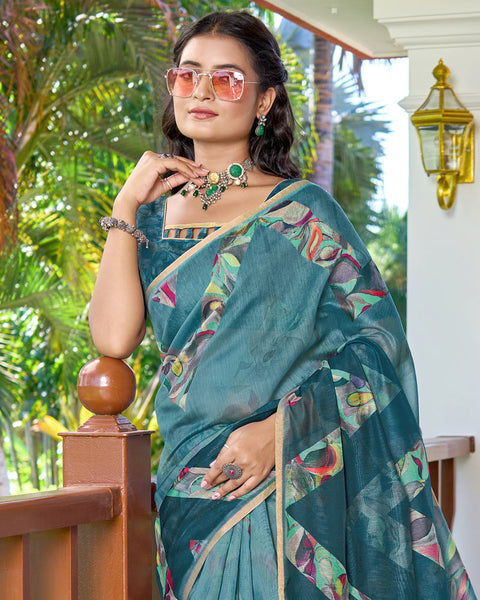 Horizon Blue Digital Printed Chanderi Cotton Saree With Weaving Border