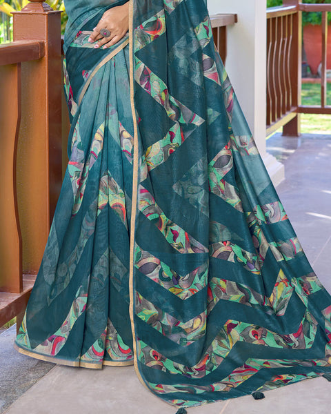 Horizon Blue Digital Printed Chanderi Cotton Saree With Weaving Border