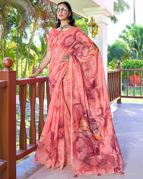 Froly Pink Digital Printed Chanderi Cotton Saree With Weaving Border